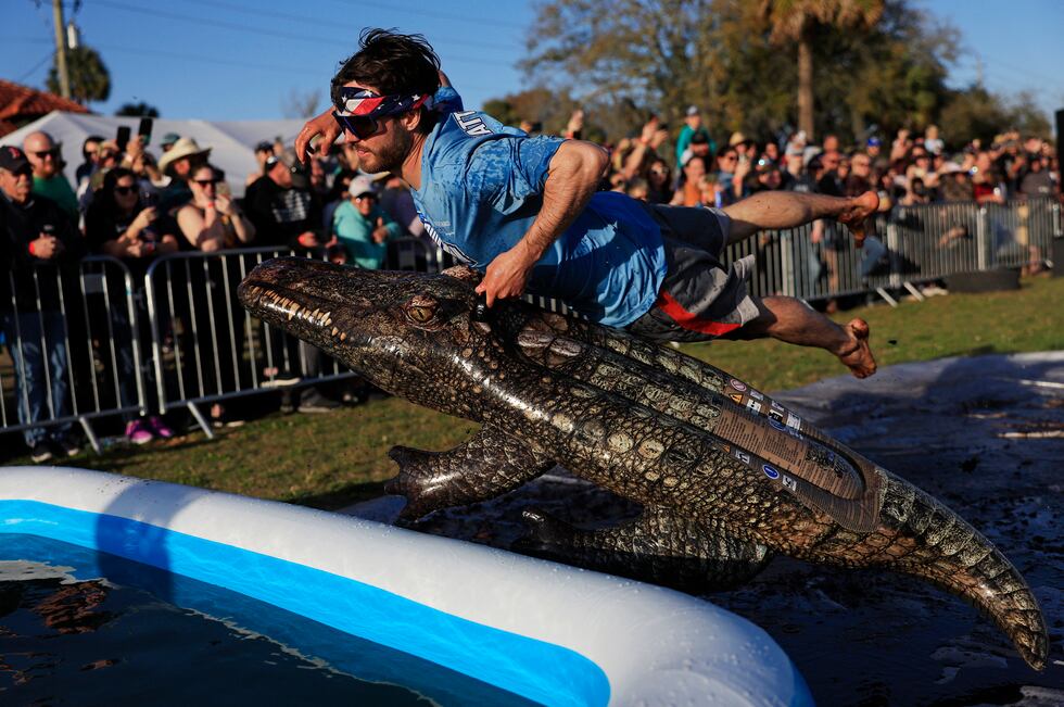 Ben Green, of St. Augustine, flies into the pool on his inflatable alligator to find the...