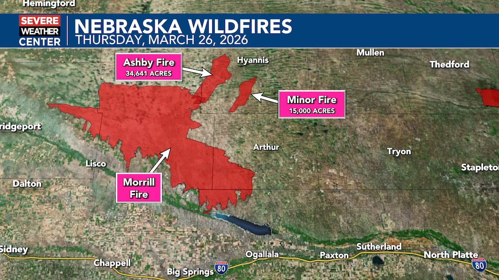 The Ashby Fire has burned 34,641 acres. The Minor Fire south of Hyannis has burned 15,000 acres.