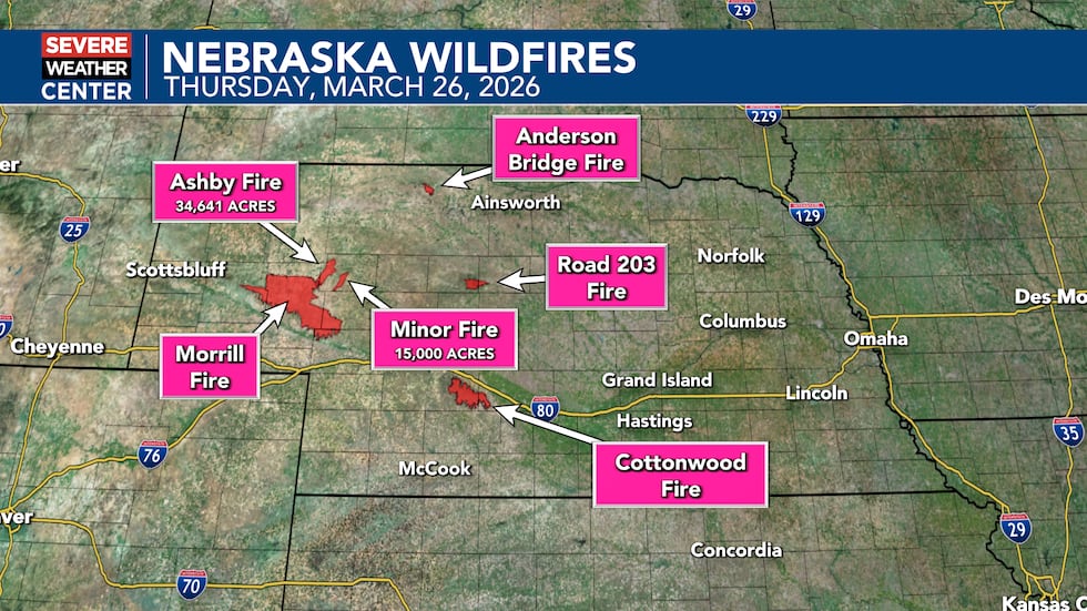 The Ashby Fire has burned 34,641 acres. The Minor Fire south of Hyannis has burned 15,000 acres.