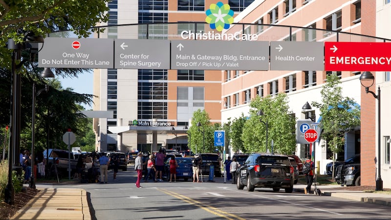 The main entrance to Wilmington Hospital is shown in the aftermath of a shooting on Tuesday,...